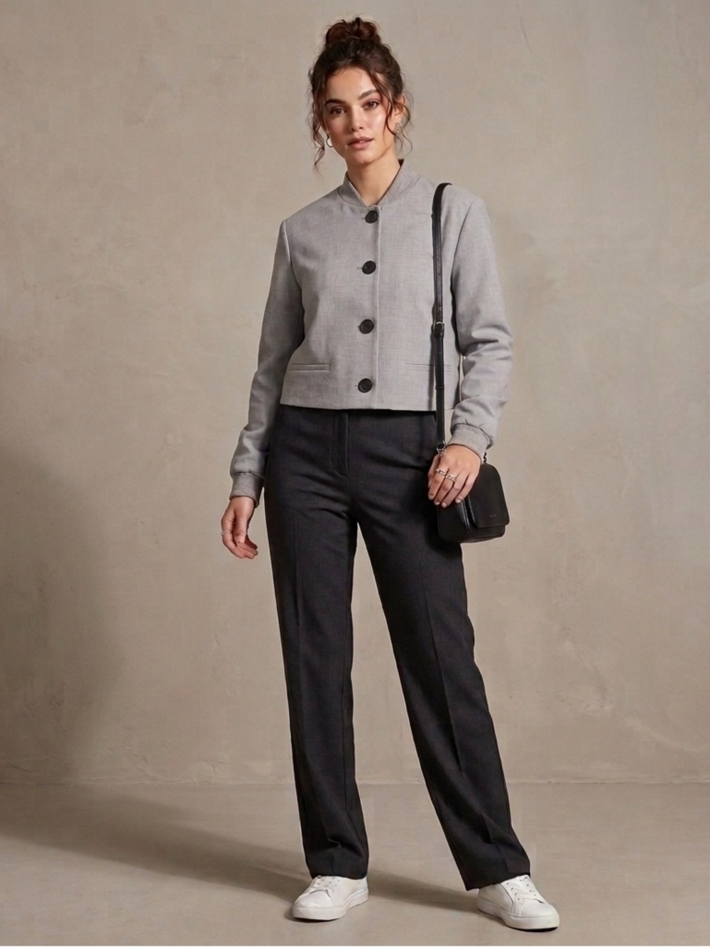 Rachel Zoe Bomber Cropped Minimalist Preppy Jacket SMALL Heathered Gray